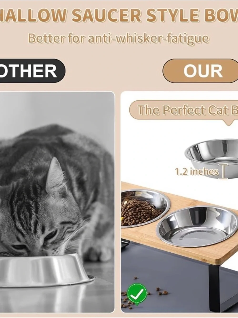 Elevated bamboo cat bowls w/food mat anti vomiting raised cat dishes